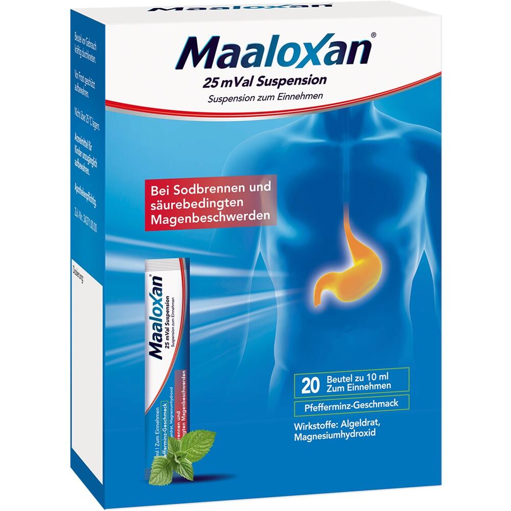 Verpackung von Maaloxan gegen Sodbrennen mit Pfefferminzgeschmack.