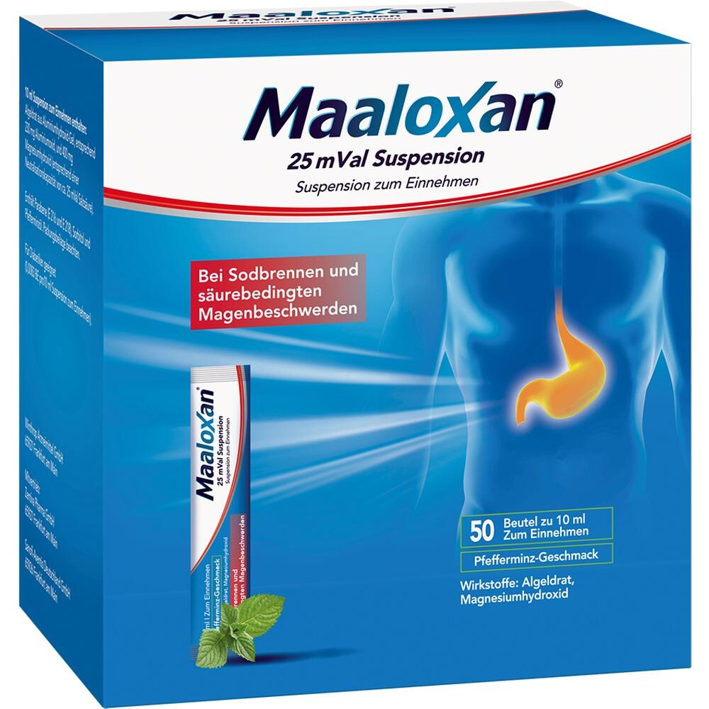 Eine blaue Packung Maaloxan gegen Sodbrennen mit einem Magenbild und Minzgeschmack.