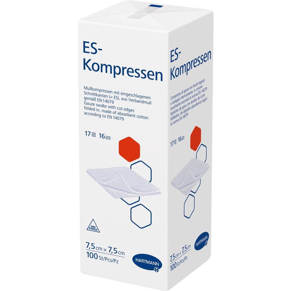 Eine weiße Verpackung mit der Aufschrift "ES-Kompressen" und Bildern von Mullkompressen.