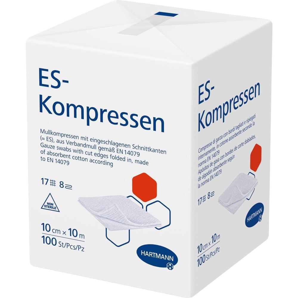 Wei&szlig;e Packung mit der Aufschrift "ES-Kompressen" und einem Bild von Mullkompressen.
