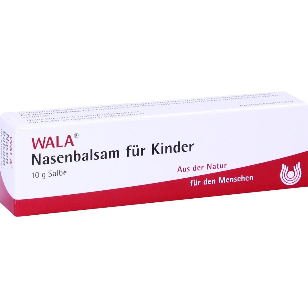 Wei&szlig;e Schachtel eines Nasenbalsams f&uuml;r Kinder mit rotem Streifen unten.
