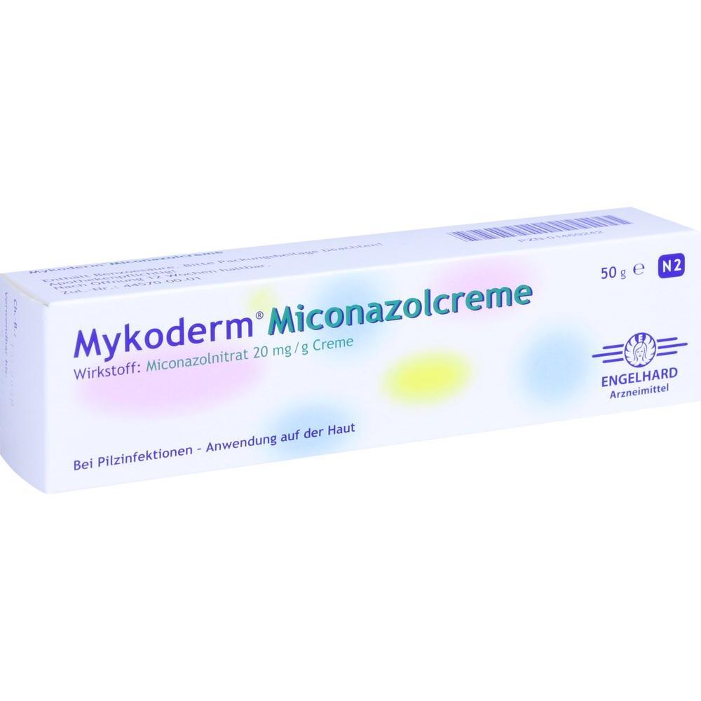 Weiße Creme-Packung mit Aufschrift "Mykoderm Miconazolcreme" gegen Pilzinfektionen.