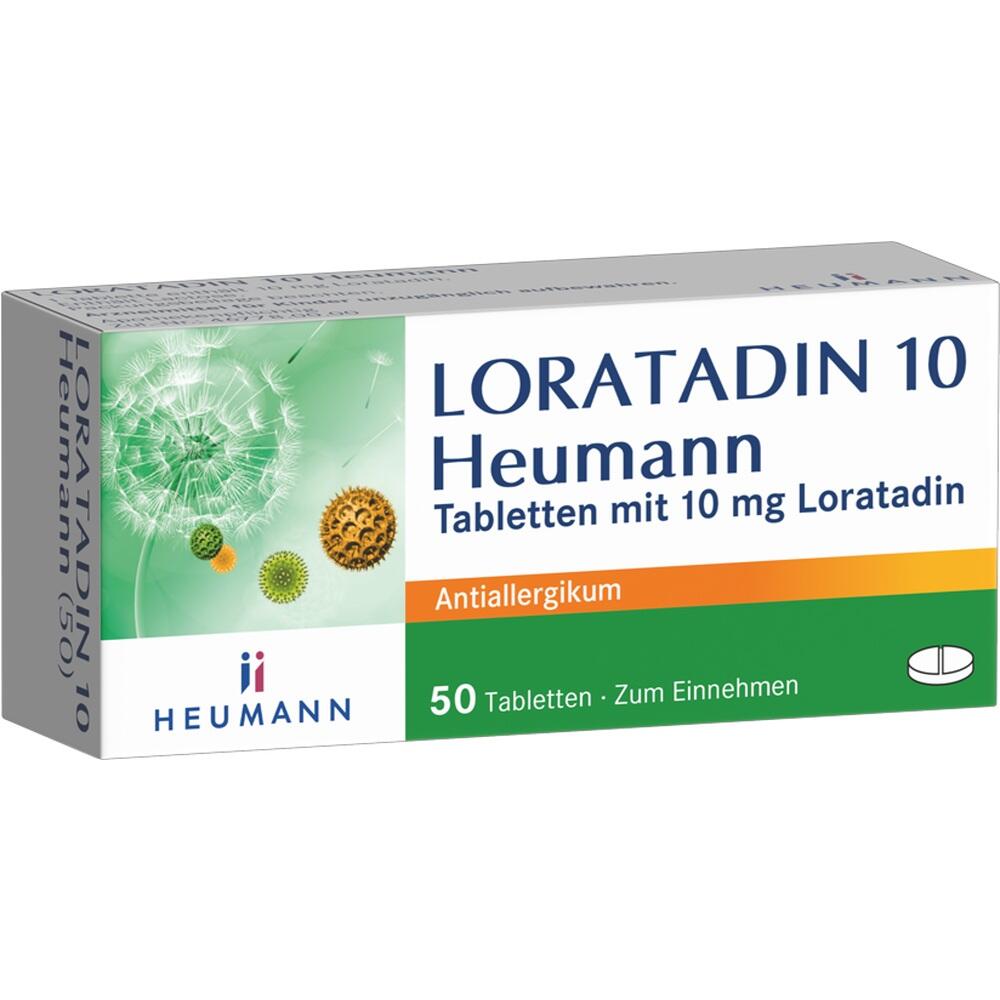Packung mit Loratadin-Tabletten gegen Allergien, 50 Stück, von Heumann.