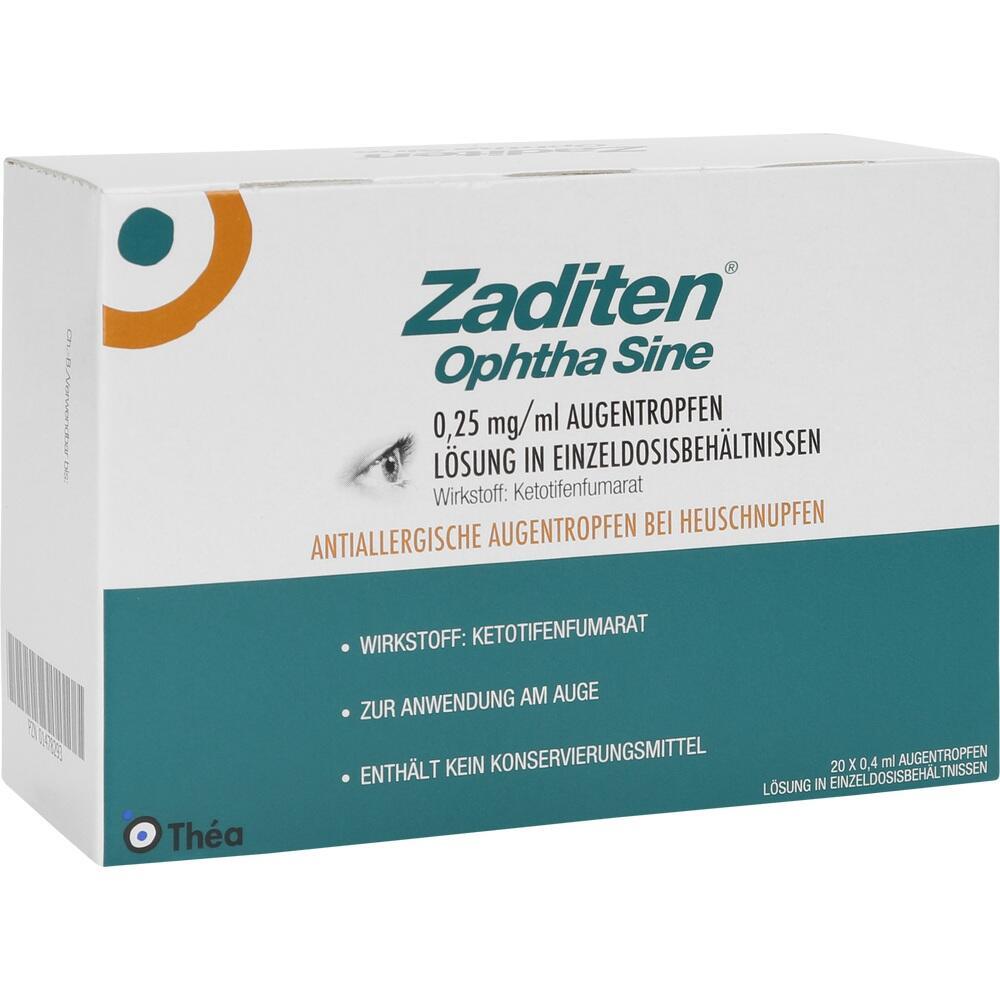 Verpackung von antiallergischen Augentropfen mit dem Wirkstoff Ketotifen.