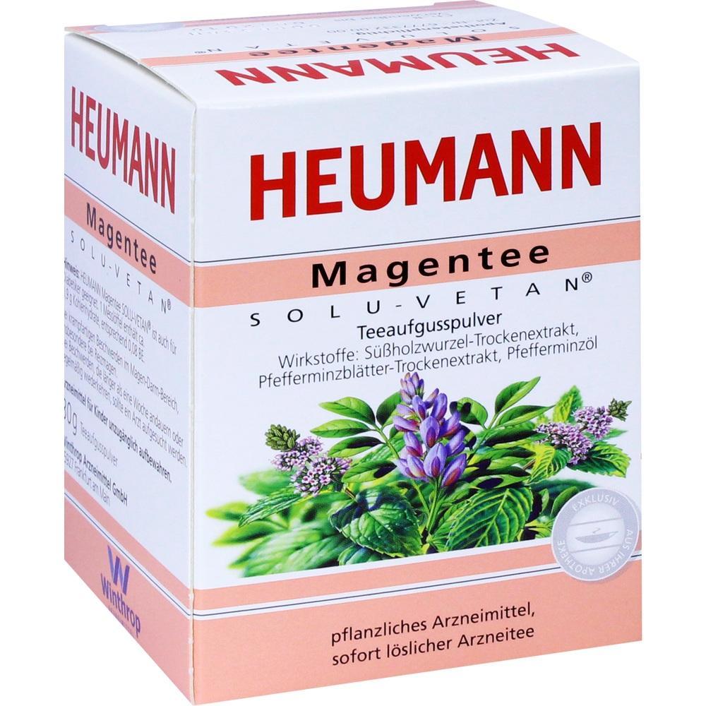 Eine Packung Heumann Magentee mit Pflanzenabbildungen auf der Vorderseite.