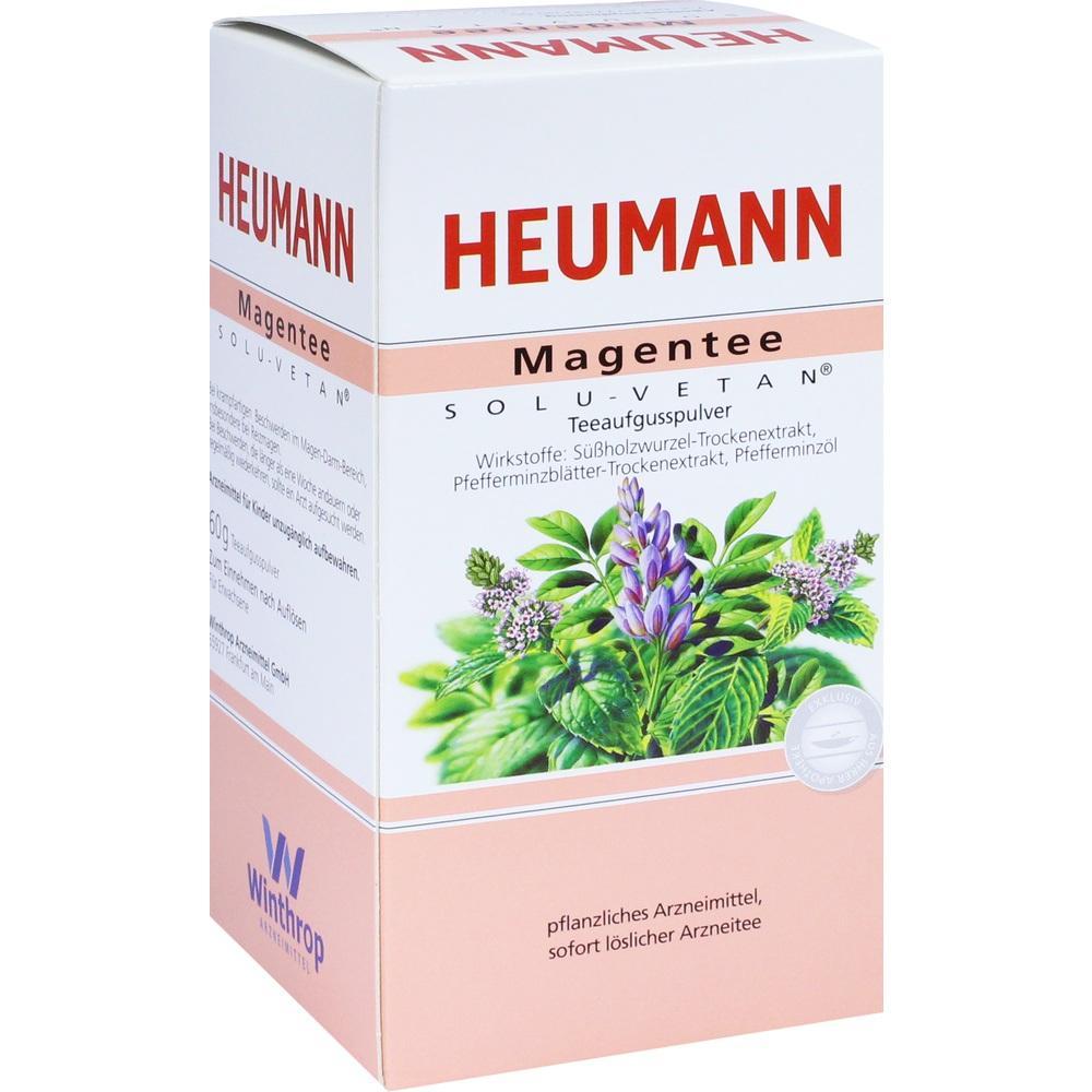 Eine Schachtel mit Heumann Magentee und Kräuterabbildungen auf der Vorderseite.