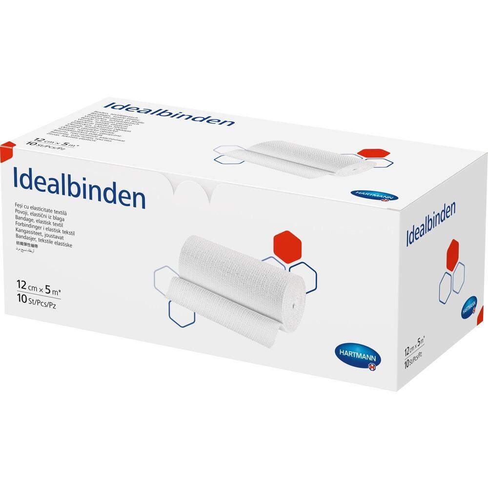 Weiße Schachtel mit der Aufschrift "Idealbinden" und Abbildung von elastischen Binden.
