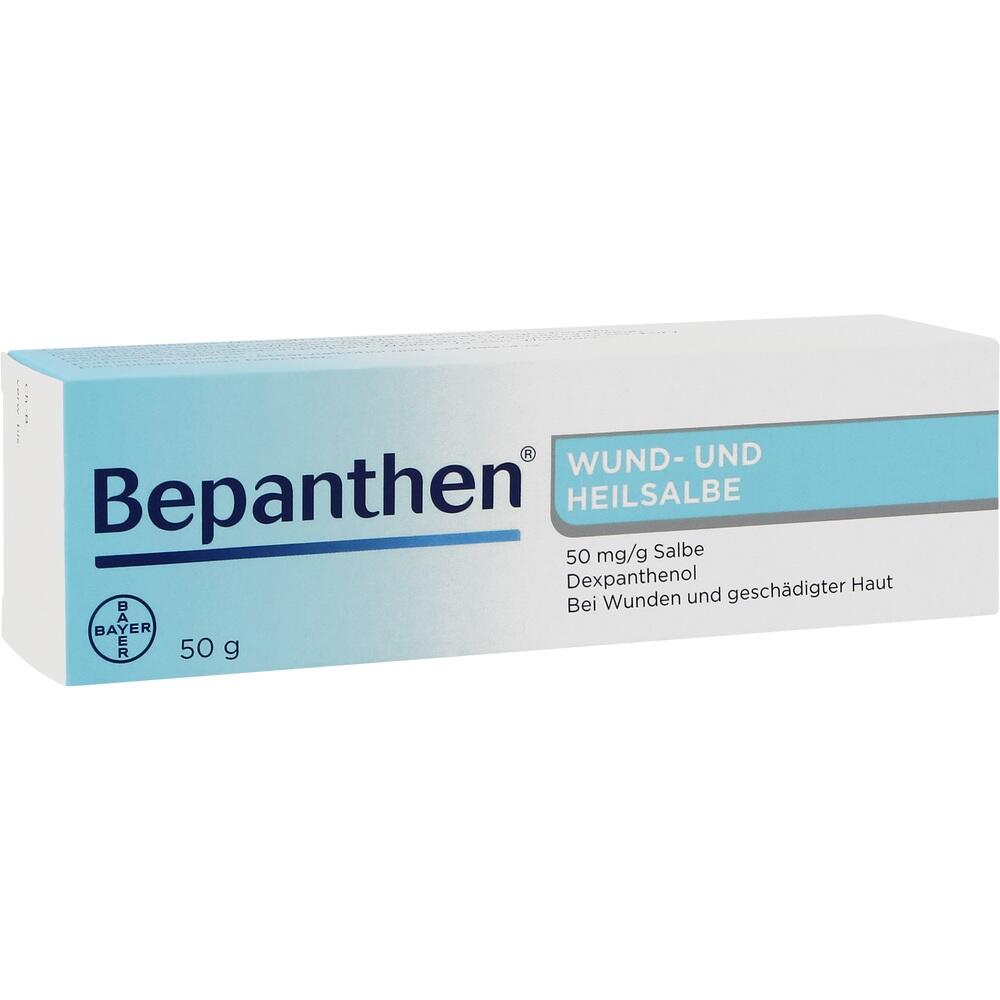 Eine blaue und wei&szlig;e Packung Bepanthen Wund- und Heilsalbe.