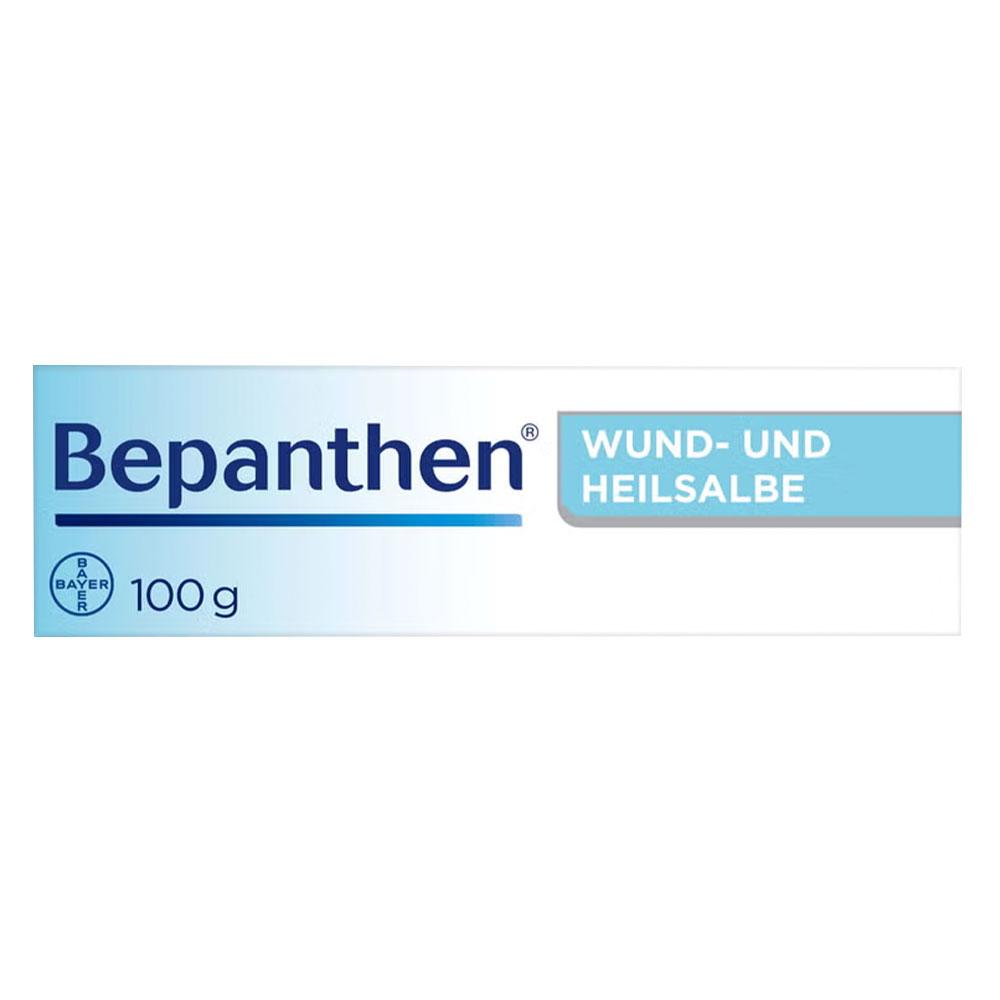 Eine Bepanthen Wund- und Heilsalben-Verpackung mit 100g Inhalt.