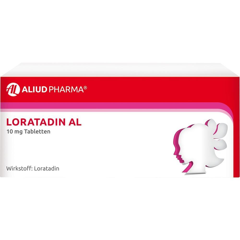 Verpackung von Loratadin AL Tabletten mit rotem und weißem Design.