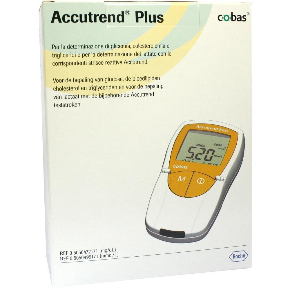 Eine Verpackung mit einem medizinischen Messger&auml;t namens Accutrend Plus.