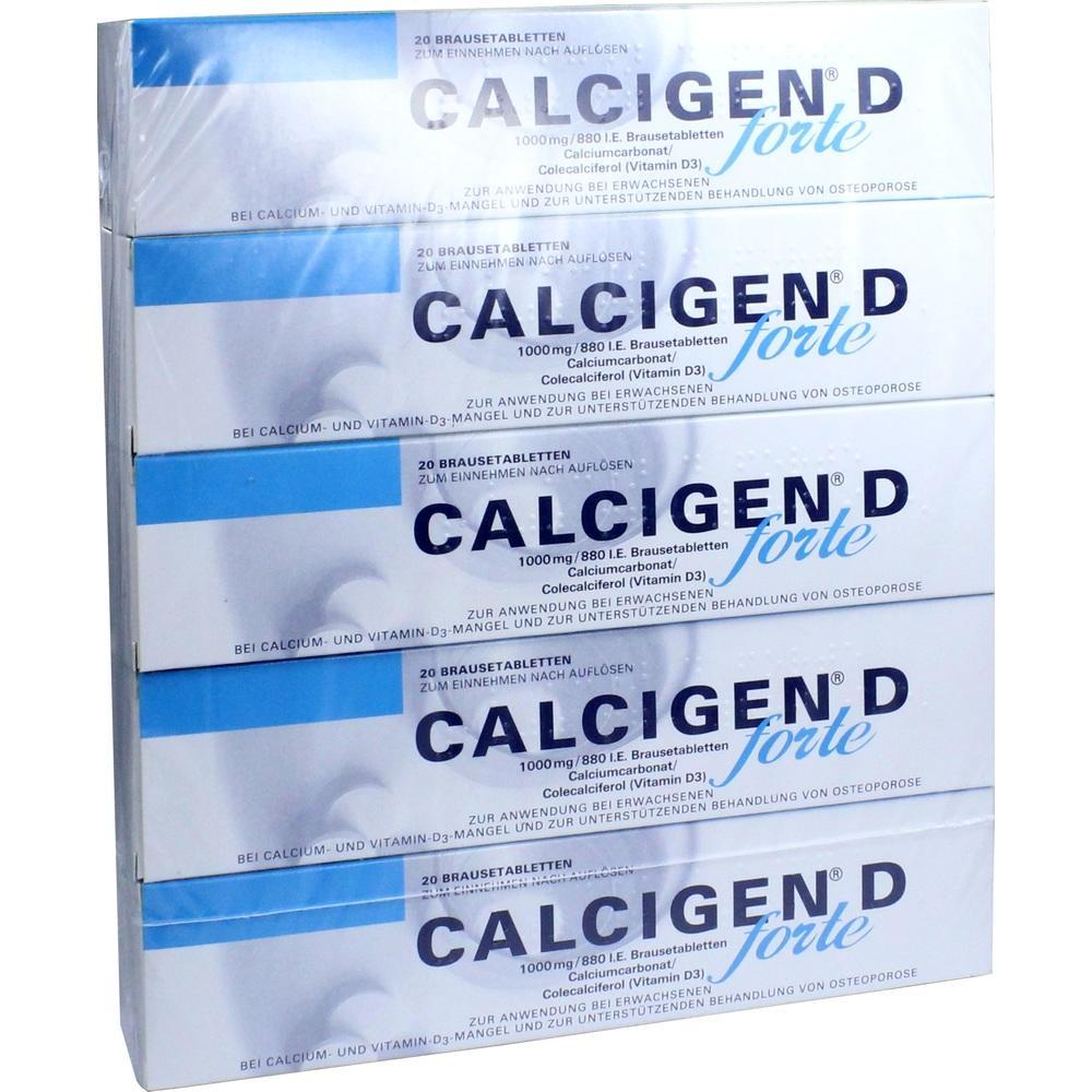 Ein Stapel von vier Kalkpräparat-Packungen namens Calcigen D Forte.