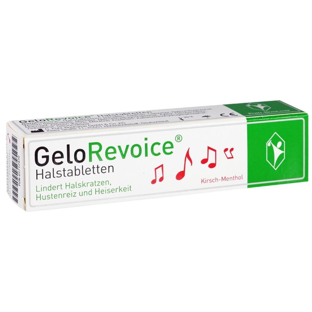 Eine Schachtel GeloRevoice Halstabletten gegen Halsbeschwerden.