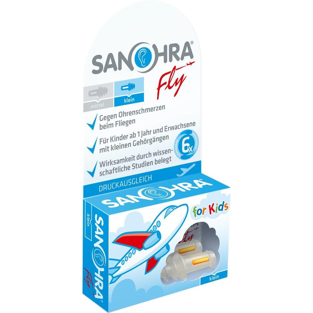 Verpackung von SANOHRA Fly Ohrst&ouml;pseln gegen Ohrenschmerzen beim Fliegen, f&uuml;r Kinder geeignet.