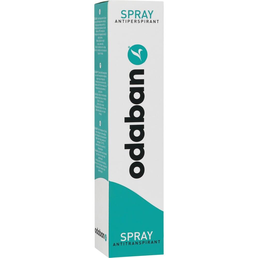 Wei&szlig;e Schachtel mit t&uuml;rkisfarbenem Schriftzug "odaban Spray Antiperspirant".