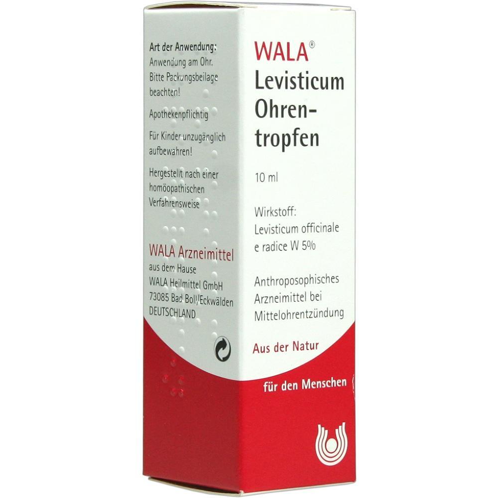 Wei&szlig;e Schachtel mit roten Details von WALA Levisticum Ohrentropfen.