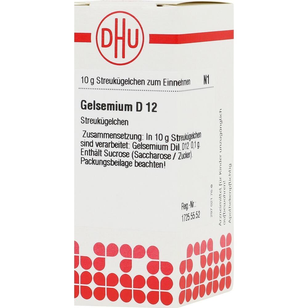 Eine weiße Verpackung mit der Aufschrift "Gelsemium D 12" für Streukügelchen.