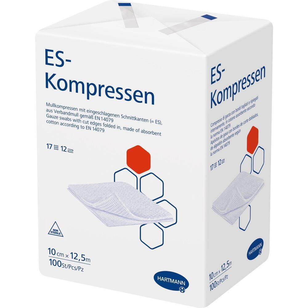 Weiße Verpackung mit der Aufschrift "ES-Kompressen" und einem blauen Logo.