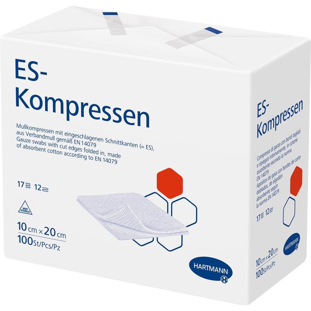 Eine weiße Packung mit der Aufschrift "ES-Kompressen".