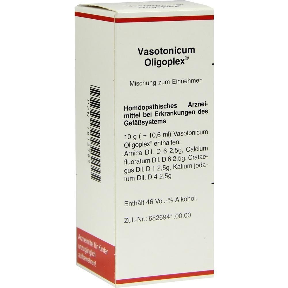 Verpackung eines homöopathischen Mittels namens Vasotonicum Oligoplex zur Gefäßbehandlung.