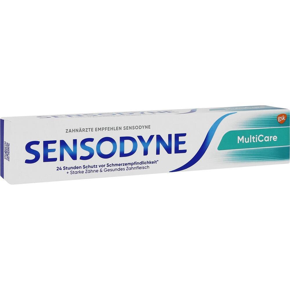Eine Zahnpastatube der Marke Sensodyne MultiCare in einer weißen Schachtel.