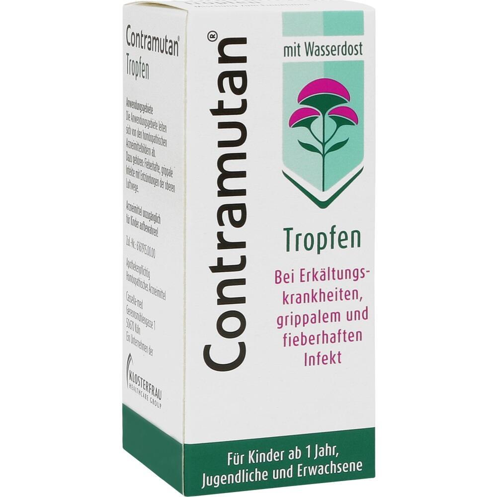 Eine Packung Contramutan-Tropfen zur Behandlung von Erkältungen.