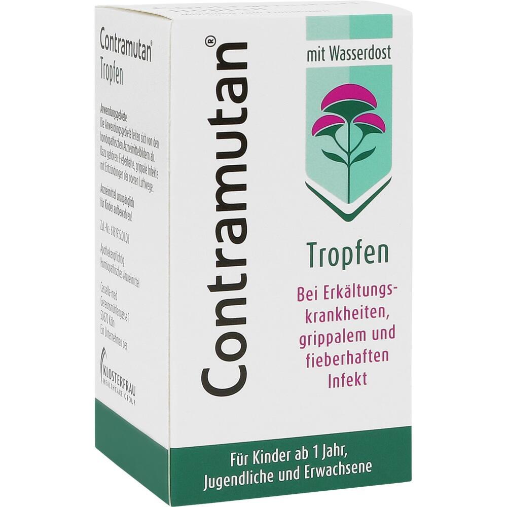 Weiße Verpackung von Contramutan Tropfen mit rosa Blume und schwarzer Schrift.