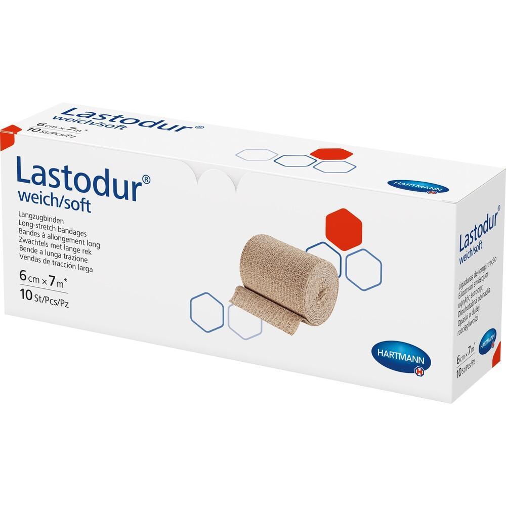 Eine weiße Schachtel mit elastischen Verbandrollen vorne.