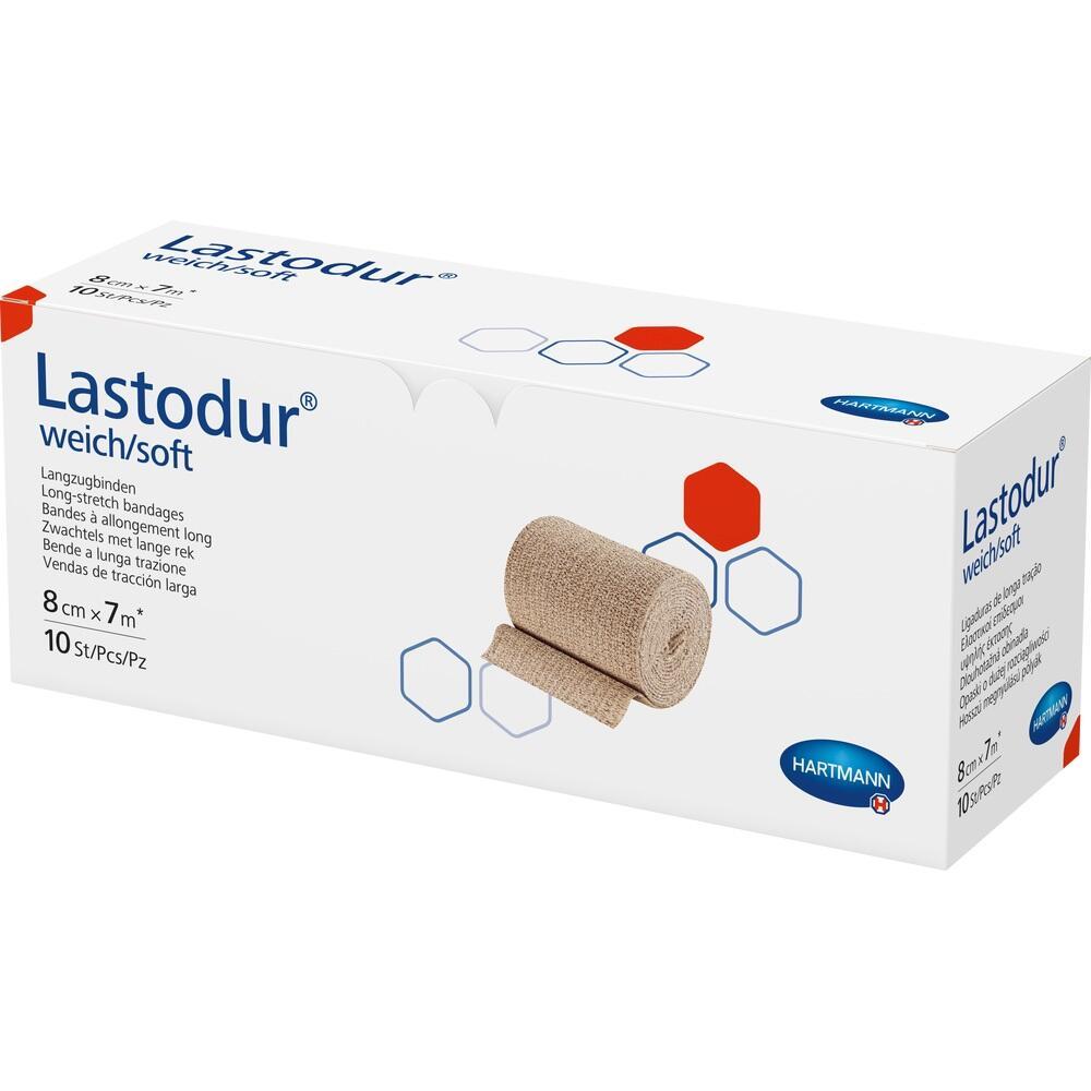 Weiße Verpackung mit Abbildung einer Braune Bandage und dem Text "Lastodur weich/soft".