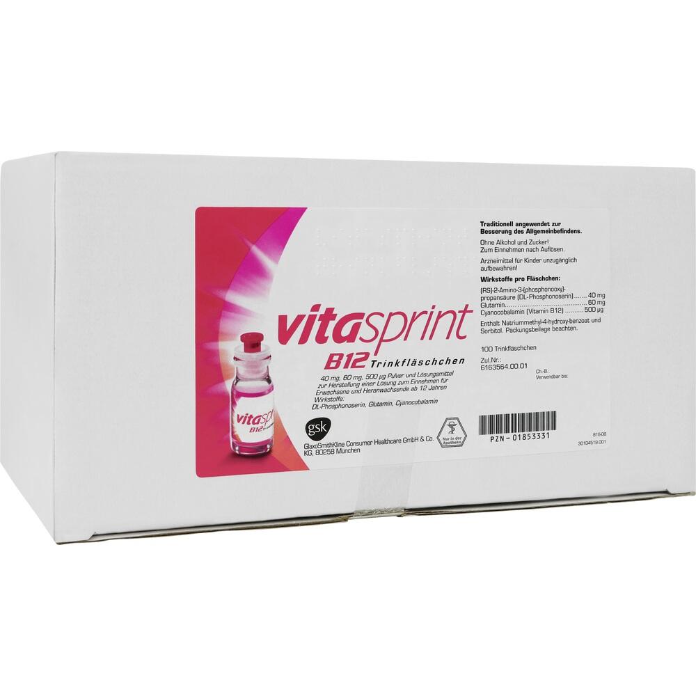 Weiße Verpackung mit der Aufschrift „Vitasprint B12 Trinkfläschchen“ in Rosa.