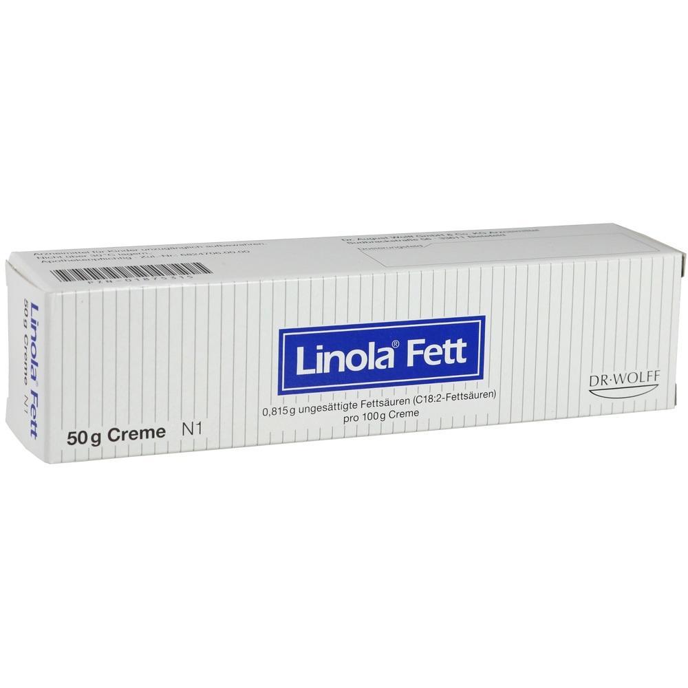 Eine wei&szlig;e Schachtel mit der Aufschrift "Linola Fett" steht aufrecht.