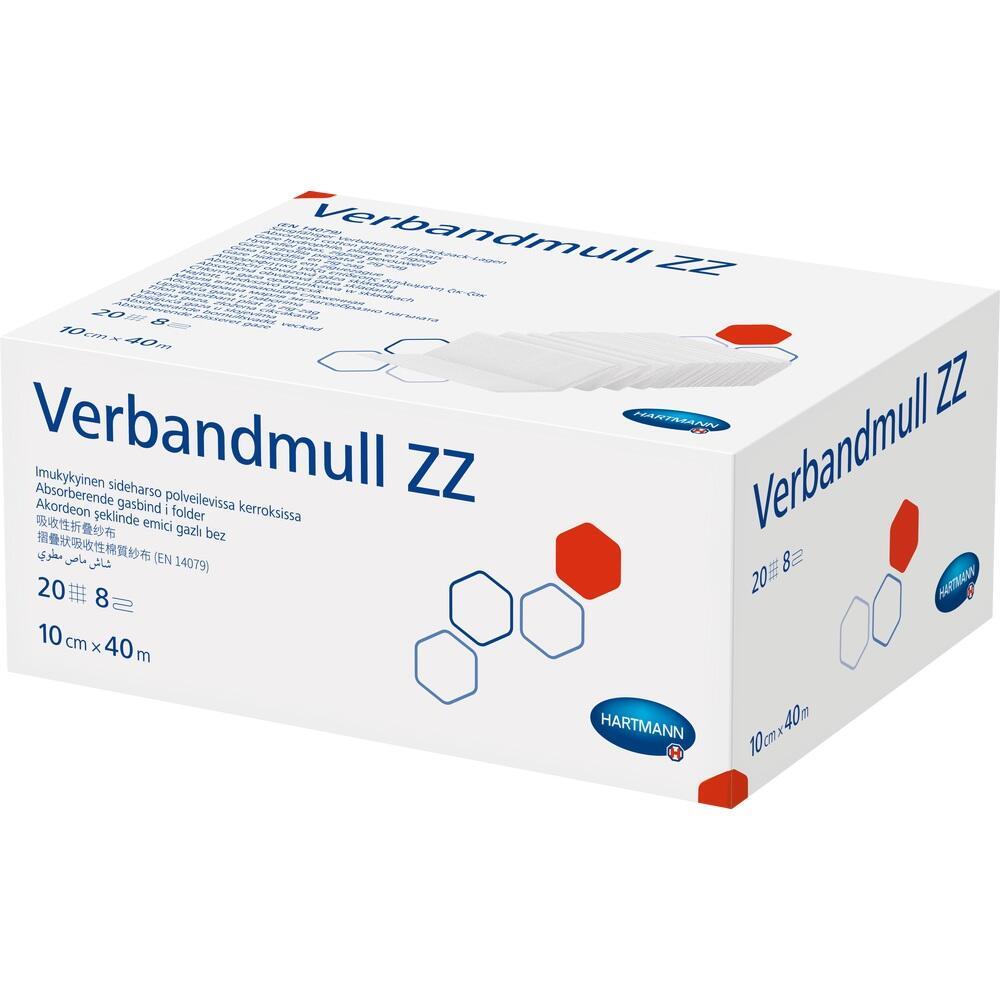 Weiße Verpackung von Verbandmull ZZ mit blauen und roten Details.