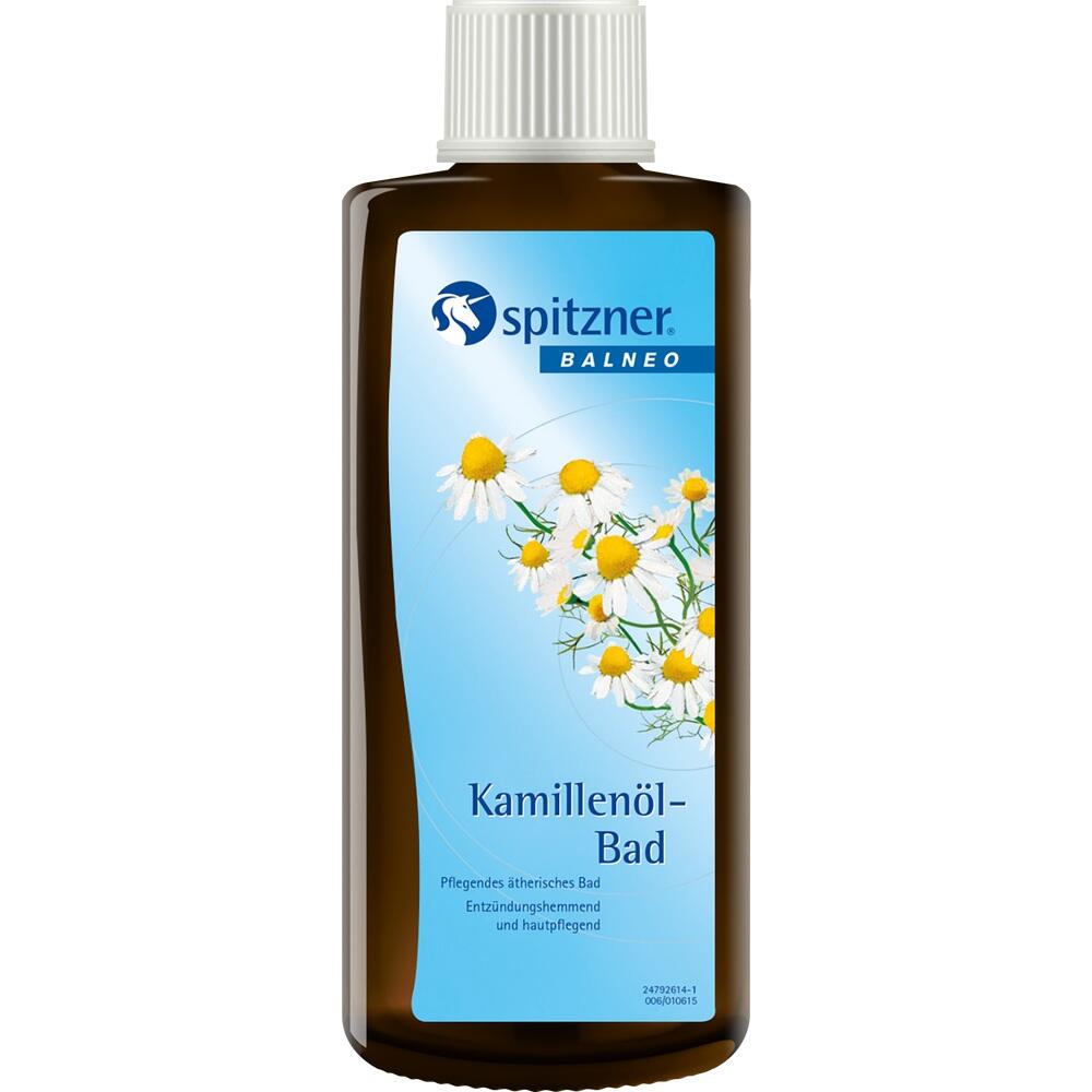 Braune Flasche mit Kamillen&ouml;l-Bad von Spitzner, mit Kamillenbl&uuml;ten auf dem Etikett.