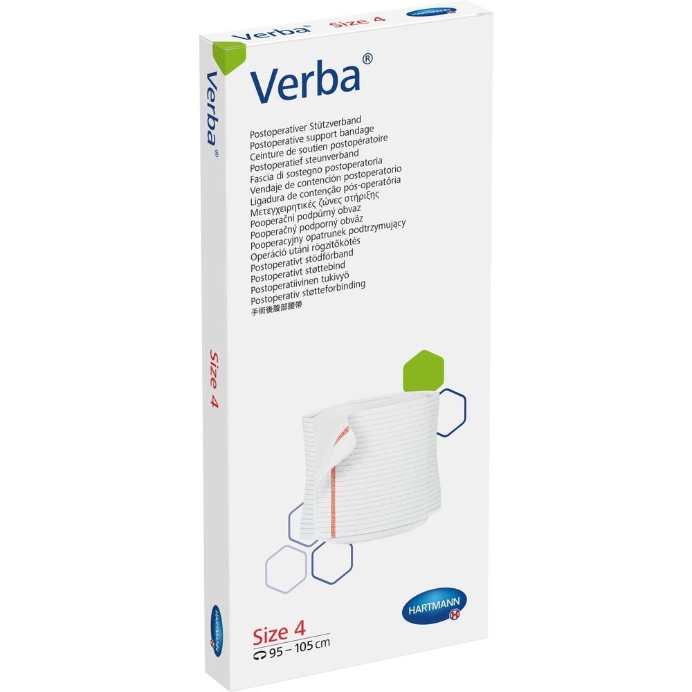 Weiße Verpackung mit einem Bild von einem Stützverband und der Aufschrift "Verba, Größe 4".