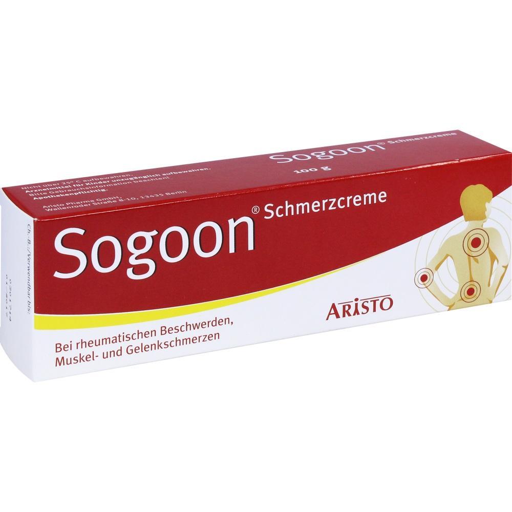 Die Verpackung einer Schmerzcreme namens Sogoon liegt auf einem Tisch.