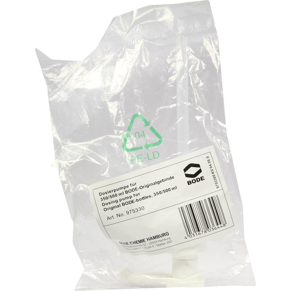 Durchsichtige Plastiktüte mit einer eingebauten weißen Dosierpumpe.