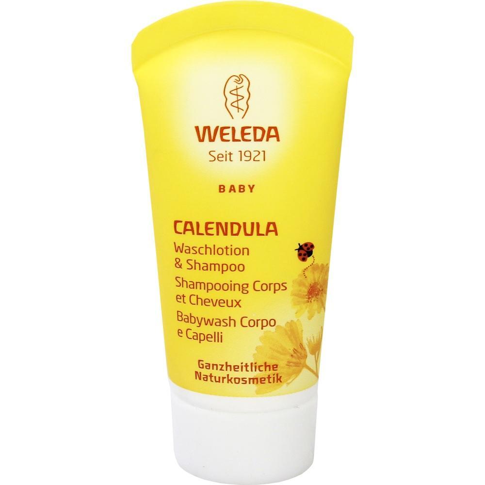 Eine gelbe Weleda-Babylotion- und Shampooflasche mit Ringelblumenmotiv.