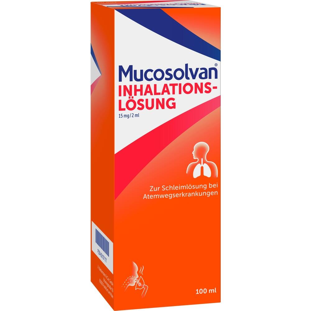 Orange-weiße Verpackung einer Inhalationslösung für Atemwegserkrankungen.