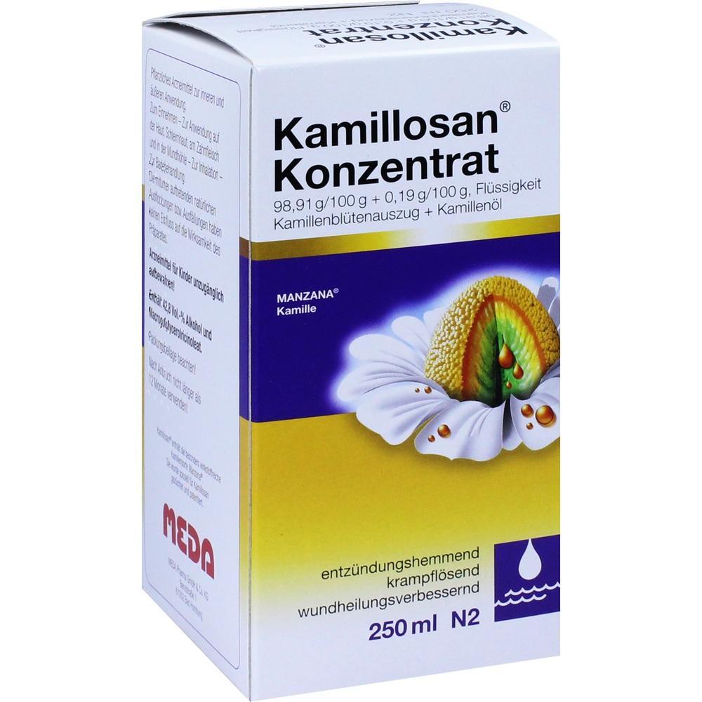 Eine Packung Kamillosan Konzentrat mit Kamillenbl&uuml;ten und Kamillen&ouml;l.