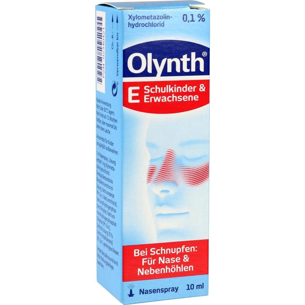Blaue Olynth-Verpackung für Nasenspray bei Schnupfen für Schulkinder und Erwachsene.