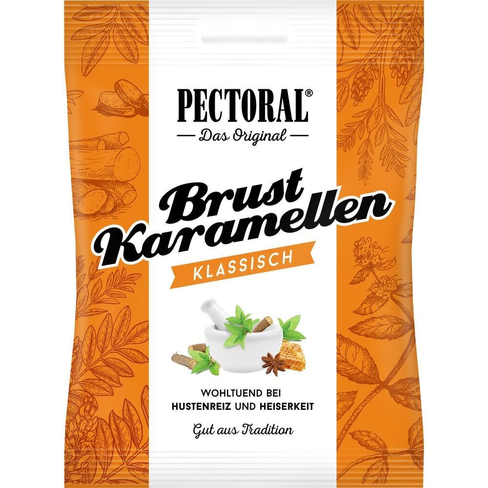 Eine orange-wei&szlig;e Packung von Hustenbonbons mit Kr&auml;utermuster und Schriftzug.