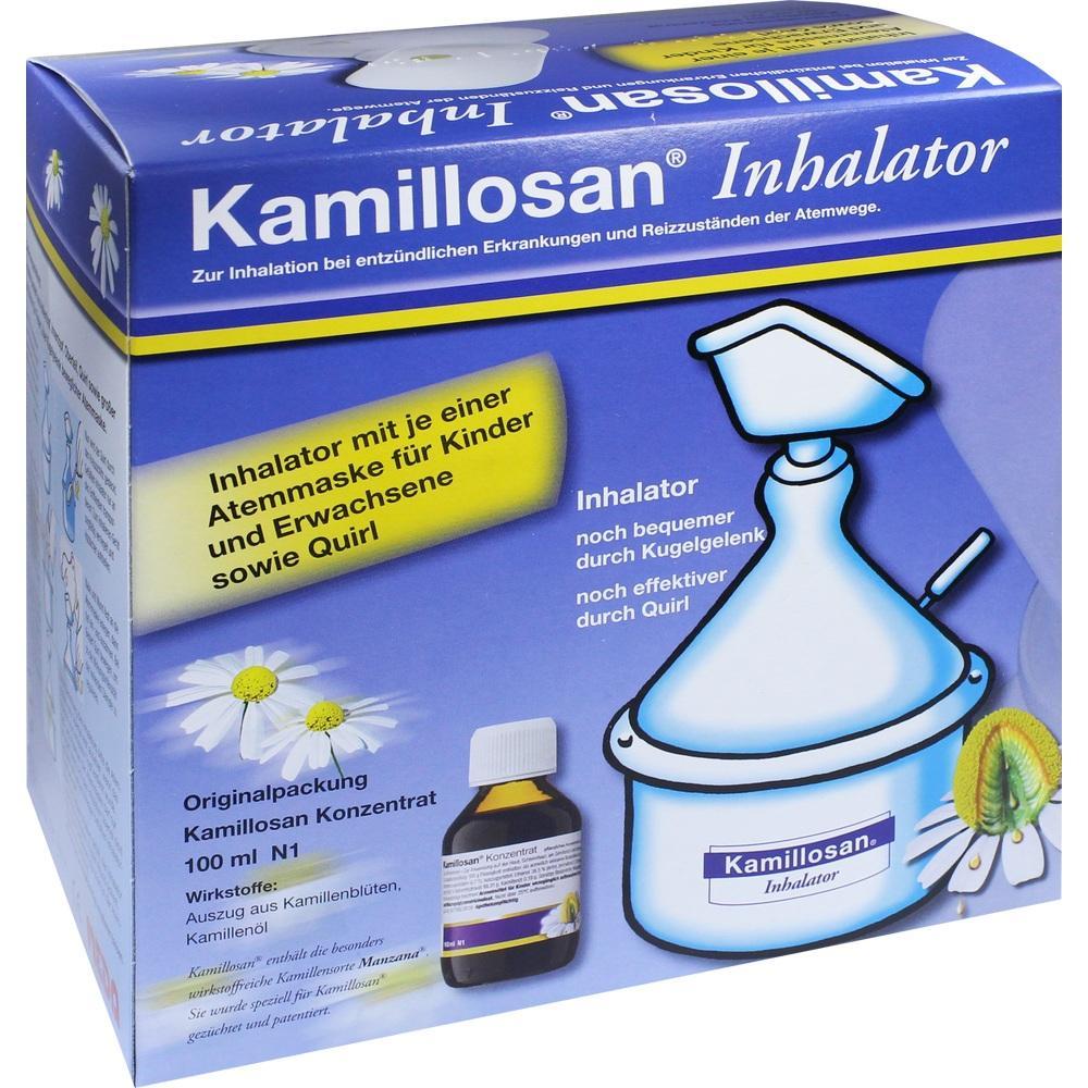 Verpackung eines Kamillosan-Inhalators mit Flasche, Atemmasken und Quirl.
