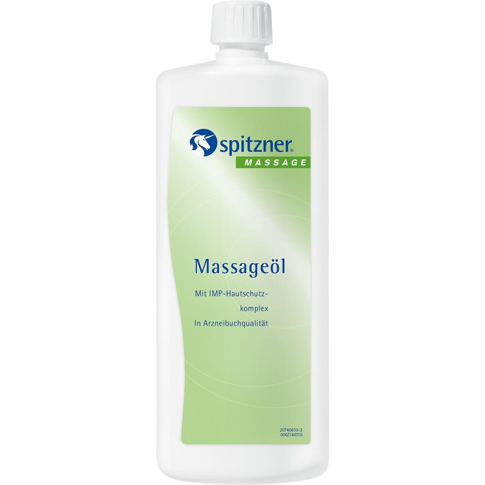 Eine Flasche Massage&ouml;l mit gr&uuml;nem Etikett und wei&szlig;em Verschluss.