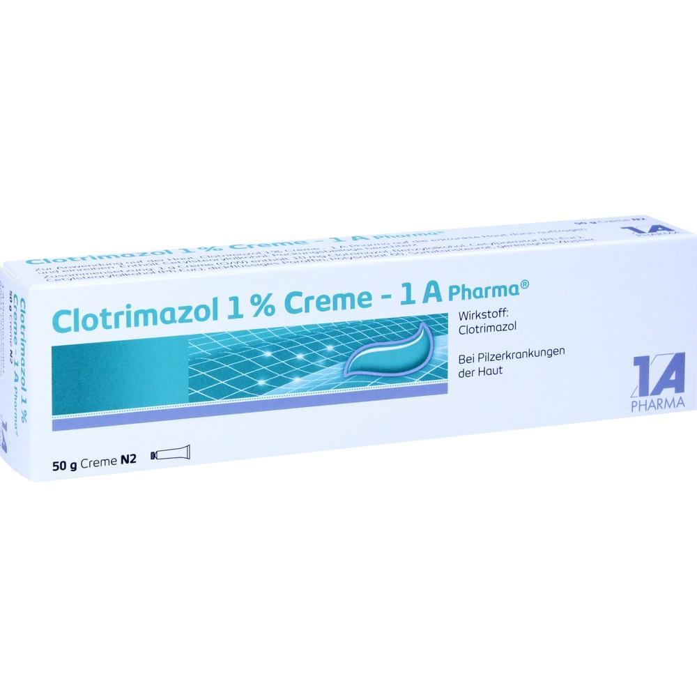 Wei&szlig;e Medikamentenverpackung mit der Aufschrift "Clotrimazol 1% Creme".