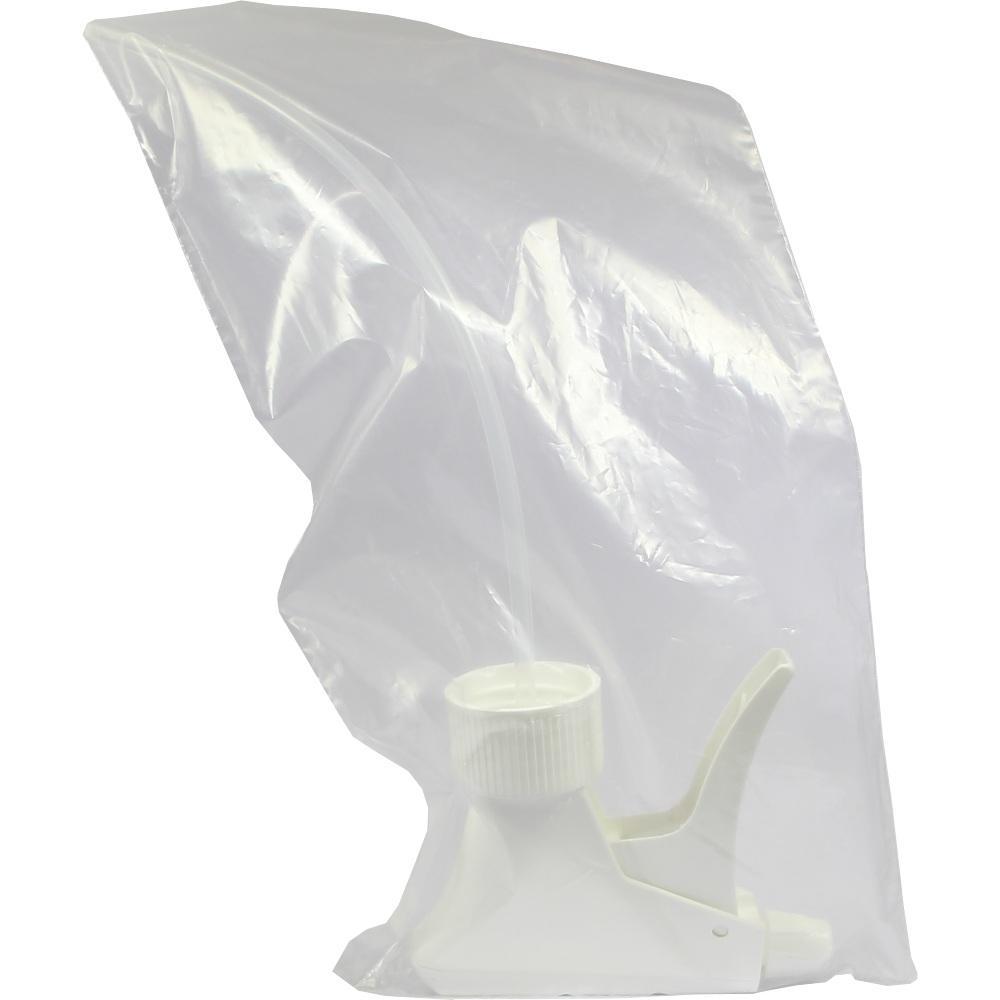 Eine weiße Sprühdüse mit Schlauch ist in einer durchsichtigen Plastiktüte verpackt.