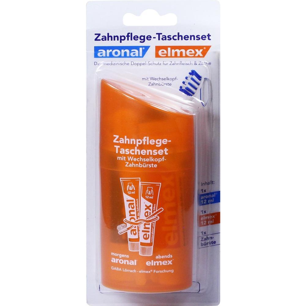 Ein Zahnpflege-Set mit zwei Zahnpasta-Tuben und einer Zahnb&uuml;rste in einer Verpackung.