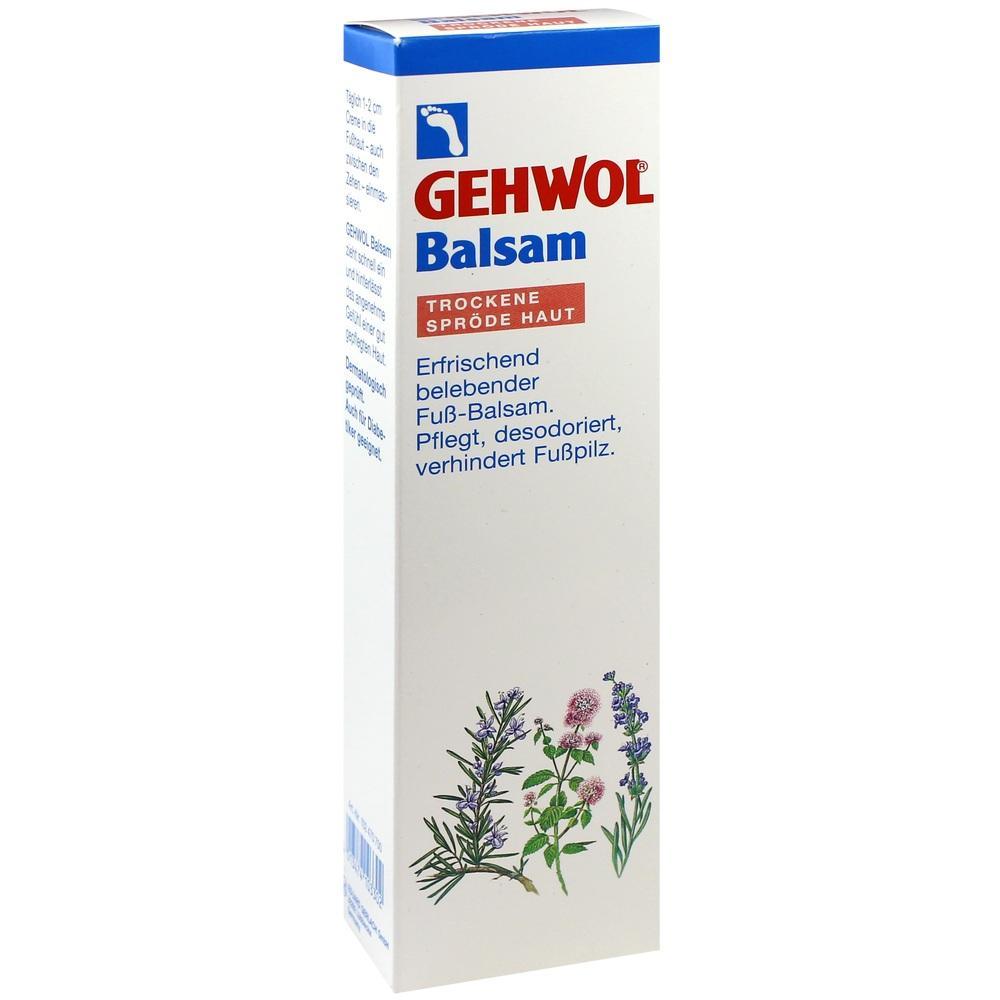 Eine Packung Fu&szlig;-Balsam f&uuml;r trockene Haut mit Pflanzenabbildungen.