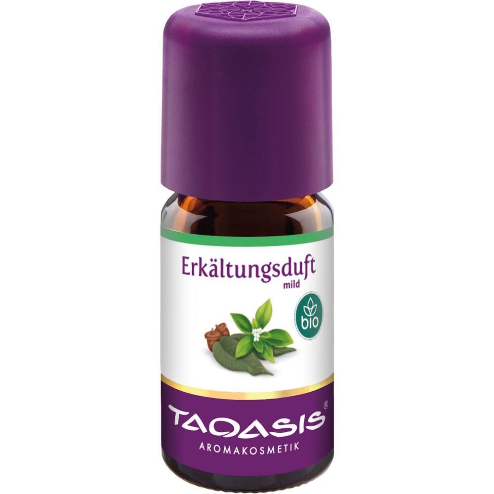 Braunes Fl&auml;schchen mit lila Deckel und Aufschrift "Erk&auml;ltungsduft mild" von TAOASIS.