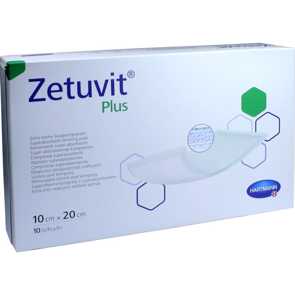 Verpackung von Zetuvit Plus mit superabsorbierenden Kompressen, 10 Stück.