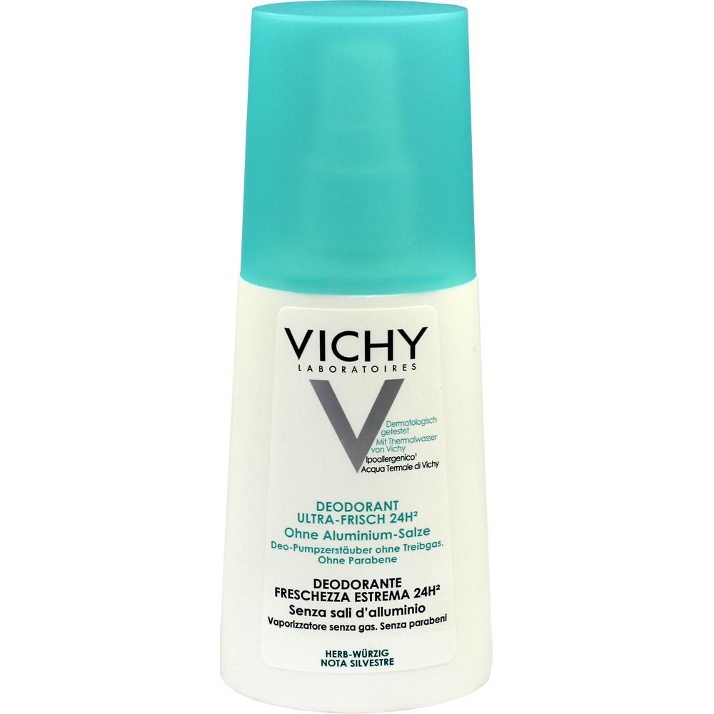 Eine Deoflasche mit t&uuml;rkisfarbenem Deckel und der Marke Vichy.